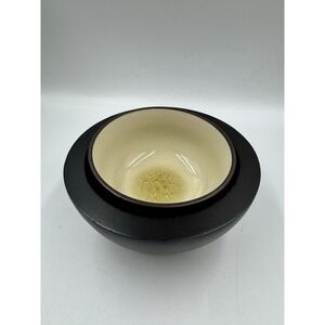 Unmarked Japanese Black Ceramic Bowl W/ Cream Glazed Interior & Dark Wood Bowl